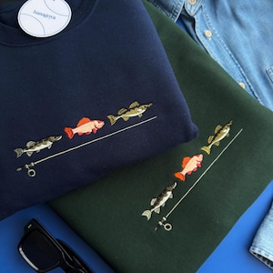 Pull motif poisson - cadeau de sweat-shirt de pêche pour lui, col rond poisson brodé, chemise Lake Life, cadeau pour papa