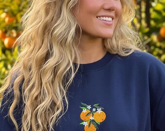 Orange Fruit Embroidered Crewneck Sweatshirt, Summer Floral Shirt, Botanical Gardening Hoodie, Cottagecore Clothing