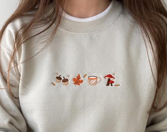 Herbstblätter besticktes Sweatshirt, Herbst besticktes Hemd, Herbst Pullover, Herbst Rundhalsausschnitt, Herbst Sweatshirt, Herbst Pullover, Kuscheliger Herbst Pullover