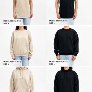 Pode incluir: Uma cole&ccedil;&atilde;o de vestu&aacute;rio de cores s&oacute;lidas, incluindo t-shirts, camisolas de gola redonda e camisolas com capuz em bege e preto. Cada item &eacute; exibido num modelo com etiquetas de altura e tamanho, como 168 cm (5'6") tamanho M e 180 cm (5'11") tamanho L ou XL.