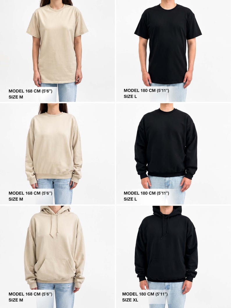Pode incluir: Uma cole&ccedil;&atilde;o de vestu&aacute;rio de cores s&oacute;lidas, incluindo t-shirts, camisolas de gola redonda e camisolas com capuz em bege e preto. Cada item &eacute; exibido num modelo com etiquetas de altura e tamanho, como 168 cm (5'6") tamanho M e 180 cm (5'11") tamanho L ou XL.
