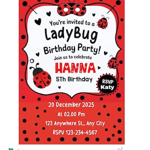 Modelo de convite de aniversário da Joaninha - Cartão digital editável para festa infantil, download instantâneo, convite personalizado do Canva