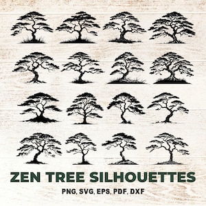 May include: Black Zen tree silhouettes in various styles, arranged on a light wood-grain background. The image includes the text "ZEN TREE SILHOUETTES" and file type options: PNG, SVG, EPS, PDF, and DXF.