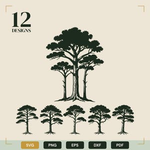 May include: A digital collection of 12 tree designs featuring a large central tree illustration surrounded by five smaller individual tree graphics. The artwork is rendered in dark green ink on a light beige background with file format labels.