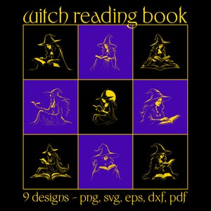Peut inclure: Une conception graphique présentant neuf illustrations de sorcières lisant des livres, sur un fond noir et violet. Les sorcières sont représentées dans un style minimaliste, portant des chapeaux pointus et des capes. Le texte "witch reading book" et "9 designs - png, svg, eps, dxf, pdf" sont également inclus.