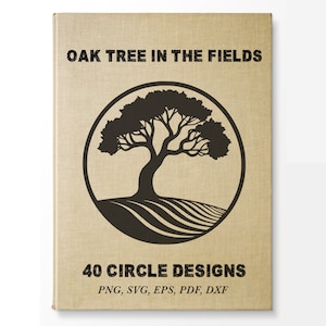 40 Oak Tree SVG Bundle, sylwetka dębu w polu PNG, projekt okręgu na ozdoby, pomysły na projekt drzewa genealogicznego, logo kolekcji leśnej Woodland