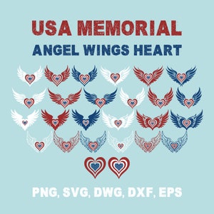 Paquete SVG de corazón de alas de ángel de EE. UU., 26 tributo del Día de los Caídos a la bandera estadounidense, paquete SVG de patriotismo digital, Día del Veterano Mi memoria amorosa América