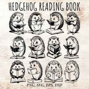 Pacote de livro de leitura de ouriço SVG PNG, clipart do Bookworm Hedgehog Literary Club, 12 arquivos de corte para projeto de artesanato infantil, ideias para fazer cartões escolares