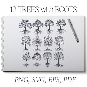 May include: Twelve black and white illustrations of trees with roots. The trees are drawn in a simple, stylized manner. The text "12 TREES with ROOTS" is at the top of the image. The text "PNG, SVG, EPS, PDF" is at the bottom of the image.