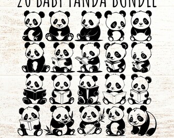 Anime Panda SVG PNG Bundle, Baby Panda Reading Book, 20 Cut Files for Baby Clothing, Nursery Decor Card Making, Children Crafting Activities