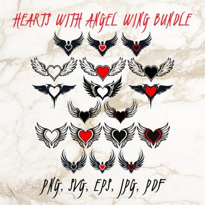 Ailes d'ange coeur SVG Bundle, carte mémoire d'amour PNG, fichiers vectoriels coupés Cricut, contour coeur Silhouette Design, coeur rouge noir Clipart EPS