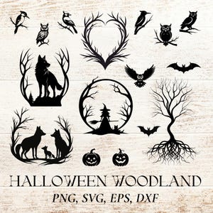 Bundle Halloween magique SVG PNG, 16 amis de la forêt fantasmagorique coupés fichiers, clipart créatures mystiques des bois, parfait pour le projet d'artisanat d'Halloween