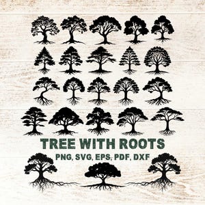 May include: A set of 25 black silhouette images of trees with roots. The trees are in various styles and sizes. The text "TREE WITH ROOTS" is at the bottom of the image, along with the text "PNG, SVG, EPS, PDF, DXF".