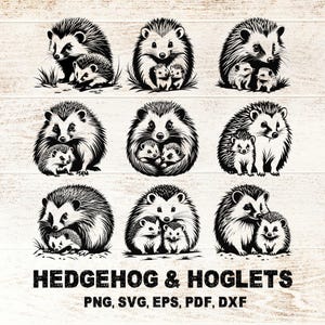 Pacote SVG da família Hedgehog, arquivos de corte Mama Hoglets para Cricut Silhouette, 9 designs de contorno para scrapbooking, decalque de vinil para fazer cartões