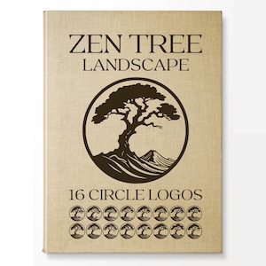 Peut inclure: Couverture de livre avec le titre "ZEN TREE LANDSCAPE" en marron. Un logo circulaire représente une silhouette d'arbre dans un cercle. En dessous, le texte indique "16 CIRCLE LOGOS". La couverture a un fond beige texturé.