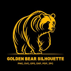 Puede incluir: Una silueta de oso dorado sobre un fondo negro. El oso está mirando hacia el lado derecho de la imagen. El texto "GOLDEN BEAR SILHOUETTE" está debajo del oso. El texto "PNG, SVG, EPS, DXF, PDF, JPG" está debajo de la primera línea de texto.