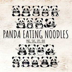 Pacote SVG de panda de anime, arquivos de corte de panda comendo macarrão ramen, design de silhueta Cricut para decoração de berçário, atividade de artesanato infantil PNG