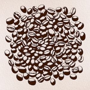 Pode incluir: Ilustração detalhada de uma pilha de grãos de café em tons de castanho. Os grãos estão densamente embalados, com texturas e destaques visíveis, sugerindo uma qualidade fresca e torrada. O fundo é bege claro.