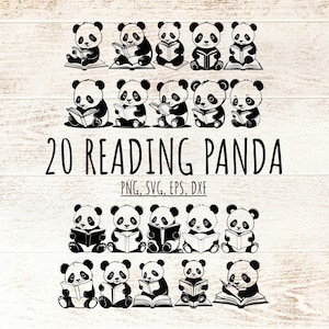 Pacchetto SVG di Panda Reading Book, 20 file di taglio di Anime Baby Panda, design di Silhouette Cricut per decorazioni per la cameretta dei bambini, attività di bricolage per bambini PNG