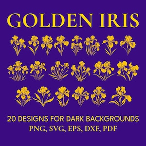 Iris Flower SVG Bundle, 20 Outline Golden Silhouette PNG, Cut File Cricut DXF, Floral Nature Craft for Family Project, Card Journal Notebook
