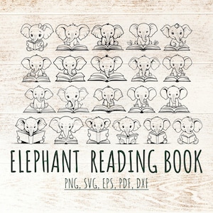 May include: A series of line drawings of cartoon elephants reading books. Each elephant is depicted with an open book. The text "ELEPHANT READING BOOK" is displayed below, along with file type options such as PNG and SVG.