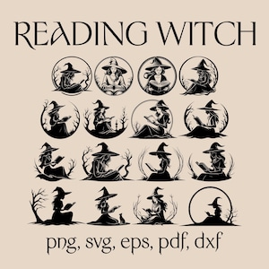 May include: A beige graphic featuring the text "READING WITCH" above twelve circular illustrations of witches reading books. The illustrations are in black and white, with each witch wearing a pointed hat. Below the illustrations are the file type formats: png, svg, eps, pdf, dxf.