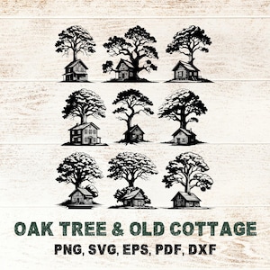 Paquete SVG de roble, cabaña de madera antigua PNG, ideas de manualidades naturales para la decoración del hogar, elemento de arte mural nostálgico, archivos de corte Cricut Silhouette DXF