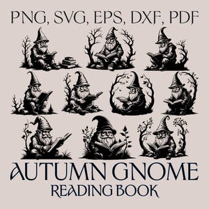 May include: Monochrome illustrations of gnomes reading books, set against a backdrop of trees and leaves. The image features the text "PNG, SVG, EPS, DXF, PDF" and "AUTUMN GNOME READING BOOK".