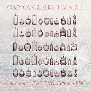 Gemütliche Weihnachtskerze SVG Bundle, Festlicher Urlaub Kerzenlicht PNG Clipart, 55 Umriss Design für Grußkarten, DIY Winter Dekoration Handwerk