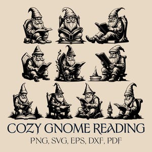 May include: A black and white illustration featuring nine gnomes engrossed in reading. Each gnome is depicted with a pointed hat and a long beard. The text "COZY GNOME READING" is displayed, along with file format options.
