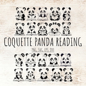 Pacote SVG de panda de anime, livro de leitura de bebê panda com laço coquete, arquivos de corte Cricut Silhouette, design para decoração de berçário, atividade para crianças