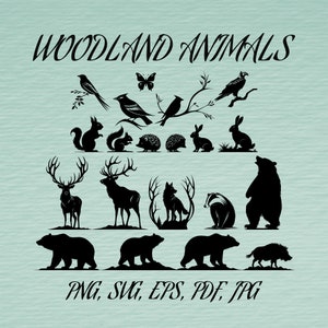 Pacchetto SVG di animali del bosco in formato PNG, file di ritaglio di uccelli e falchi pescatori, clipart di scoiattoli, ricci e conigli, silhouette di alce, lupo e orso, farfalla di cinghiale