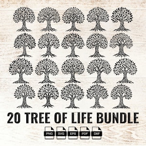 May include: A digital design bundle featuring twenty black tree of life illustrations. The image includes file type icons for PNG, SVG, EPS, PDF, and DXF. The text reads "20 TREE OF LIFE BUNDLE". The trees have detailed branches and leaf patterns.