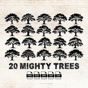 Può includere: Grafica digitale con venti sagome di alberi neri disposte in file. Il testo "20 Mighty Trees" è in basso, insieme alle icone dei tipi di file PNG, SVG, EPS, PDF e DXF.