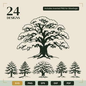Può includere: Una collezione digitale di 24 disegni di alberi con illustrazioni in bianco e nero di vari alberi decidui e conifere con rami innevati. Il testo 24 DESIGNS e Includes inverted PNG for Glowforge è visibile nell'immagine.