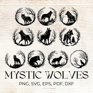 Puede incluir: Diseños de siluetas negras de lobos en varias poses, enmarcados por arreglos circulares de ramas de árboles. La frase "MYSTIC WOLVES" se muestra debajo de las imágenes, junto con información sobre el tipo de archivo.