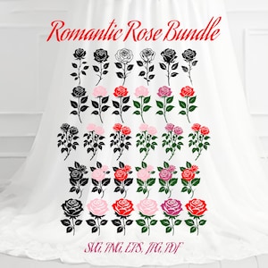 Paquete SVG de rosa romántica, delicada flor rosa roja PNG Jpg ESP pdf, silueta elegante para invitación de boda, manualidades de papel floral Cricut DiY