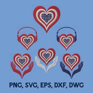 Patriotismo SVG Paquete Digital, Multicapa SVG Bandera Americana Corazón, Auriculares Memoria Amorosa Manos Humanas, Unidos Orgulloso Amor Mi País EE.UU.