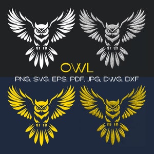 Flying Owl SVG PNG, witgouden ontwerp voor zwarte achtergrond, perfect voor donkere kleding Shirttas mok, ideaal voor POD Craft-borduurproject