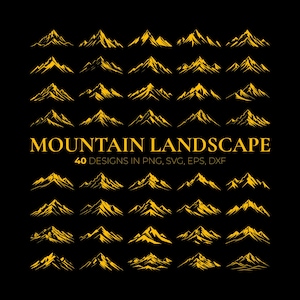 May include: A set of 40 mountain landscape designs in black and yellow. The designs are in PNG, SVG, EPS, and DXF formats.
