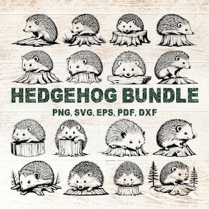 Puede incluir: Ilustración en blanco y negro de un conjunto de erizos. La imagen presenta múltiples erizos en varias poses, algunos sobre tocones de árboles. El texto "HEDGEHOG BUNDLE" se muestra, junto con opciones de formato de archivo: PNG, SVG, EPS, PDF y DXF.