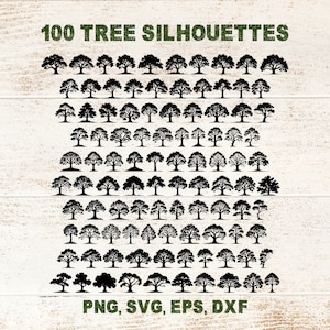 100 boom silhouet SVG PNG bundel, eik beukensoorten, bosrijke diversiteit collectie voor schoolprojecten, ambachtelijke ideeën voor natuurliefhebbers