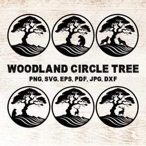Könnte beinhalten: Schwarz-weiße Waldkreis-Baum-Designs. Jeder Kreis zeigt eine Baumsilhouette mit verschiedenen Tieren, darunter ein Bär, Wölfe und Hirsche. Der Text "WOODLAND CIRCLE TREE" wird unter den Bildern angezeigt.