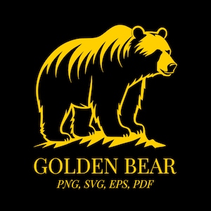 May include: A golden bear silhouette on a black background. The bear is standing on its hind legs with its paws raised. The text "GOLDEN BEAR" is below the bear in yellow, and the text "PNG, SVG, EPS, PDF" is below that in a smaller font.