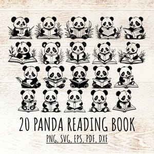 Pacote SVG de 20 livros de leitura de panda, arquivos de corte de panda sorridente de anime, design de silhueta Cricut para decoração de berçário, atividade de artesanato infantil PNG