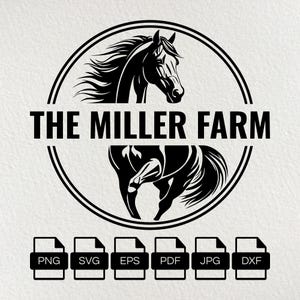 May include: A black and white logo design with a horse illustration inside a circular border. The text "THE MILLER FARM" is displayed below the horse image. File type icons for PNG, SVG, EPS, PDF, JPG, and DXF are shown.