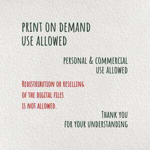 May include: Text on a white background that reads "PRINT ON DEMAND USE ALLOWED" in green text. Below that, in smaller green text, it reads "PERSONAL & COMMERCIAL USE ALLOWED". In red text, it reads "REDISTRIBUTION OR RESELLING OF THE DIGITAL FILES IS NOT ALLOWED." In green text, it reads "THANK YOU FOR YOUR UNDERSTANDING."