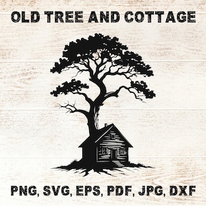 Chêne SVG PNG, conception de vieille maison de campagne en bois pour la décoration intérieure, carte d'invitation d'art mural nostalgique, T-shirt tasse projet d'école artisanat nature idée