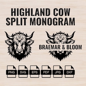 Pode incluir: Design de monograma dividido de vaca Highland em preto e branco com o texto "HIGHLAND COW SPLIT MONOGRAM". Inclui duas ilustrações de cabeça de vaca e ícones de tipo de arquivo: PNG, SVG, EPS, PDF, JPG e DXF.