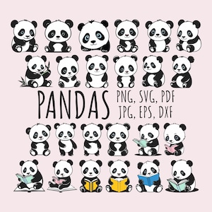 May include: A collection of panda illustrations in black and white, some holding books. The word "PANDAS" is displayed in large letters, with file format options below.